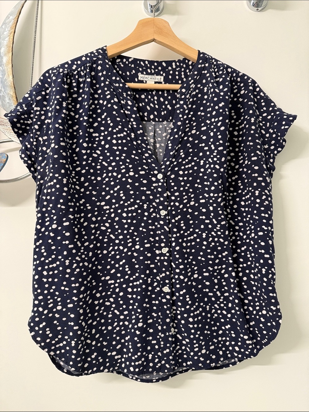 Navy & White Dot Button-Front Women's Top